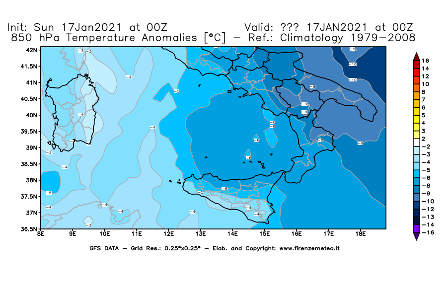 Mappa di analisi GFS - Anomalia Temperatura [°C] a 850 hPa in Sud-Italia
							del 17/01/2021 00 <!--googleoff: index-->UTC<!--googleon: index-->