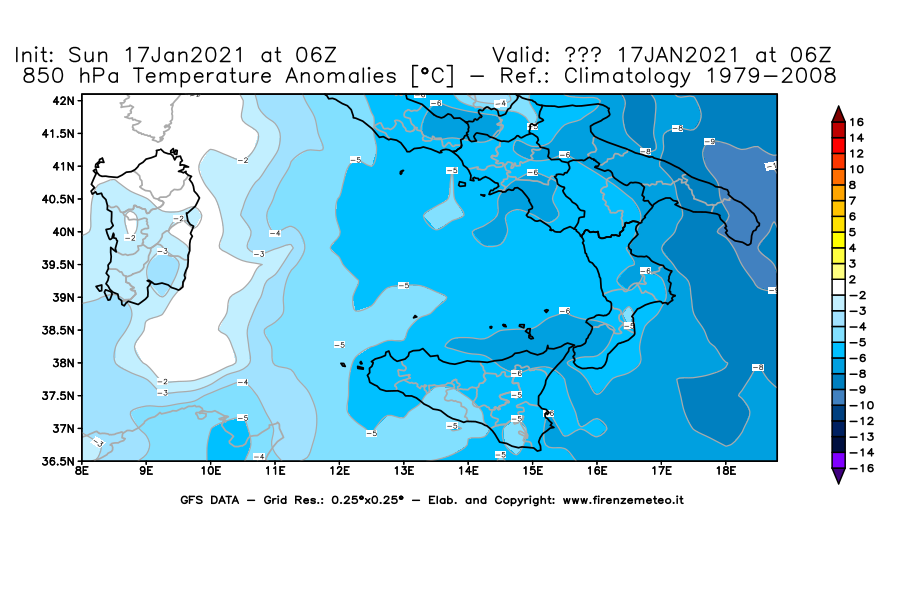 Mappa di analisi GFS - Anomalia Temperatura [°C] a 850 hPa in Sud-Italia
							del 17/01/2021 06 <!--googleoff: index-->UTC<!--googleon: index-->