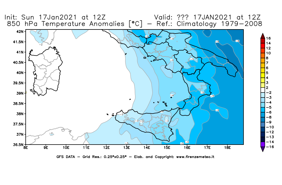 Mappa di analisi GFS - Anomalia Temperatura [°C] a 850 hPa in Sud-Italia
							del 17/01/2021 12 <!--googleoff: index-->UTC<!--googleon: index-->