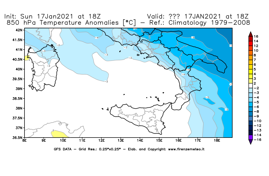 Mappa di analisi GFS - Anomalia Temperatura [°C] a 850 hPa in Sud-Italia
							del 17/01/2021 18 <!--googleoff: index-->UTC<!--googleon: index-->