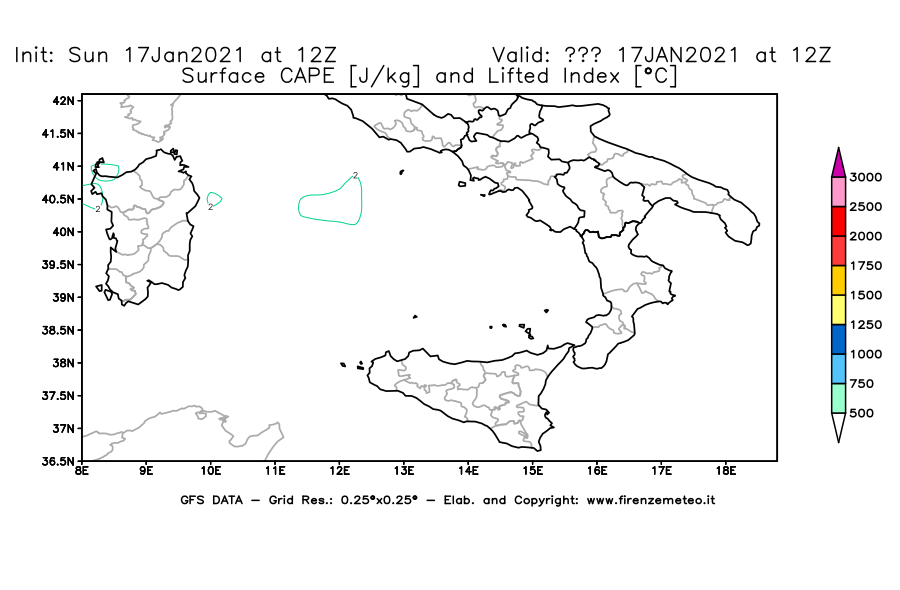 Mappa di analisi GFS - CAPE [J/kg] e Lifted Index [°C] in Sud-Italia
							del 17/01/2021 12 <!--googleoff: index-->UTC<!--googleon: index-->