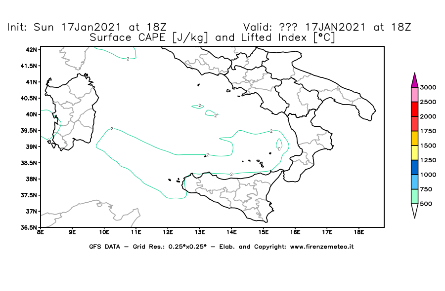 Mappa di analisi GFS - CAPE [J/kg] e Lifted Index [°C] in Sud-Italia
							del 17/01/2021 18 <!--googleoff: index-->UTC<!--googleon: index-->