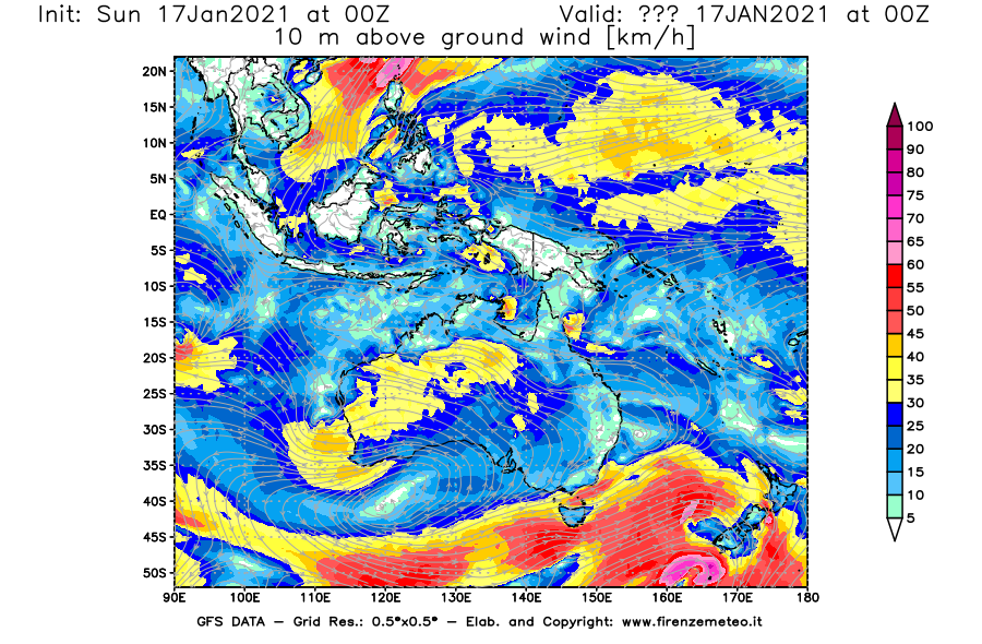 Mappa di analisi GFS - Velocità del vento a 10 metri dal suolo [km/h] in Oceania
							del 17/01/2021 00 <!--googleoff: index-->UTC<!--googleon: index-->