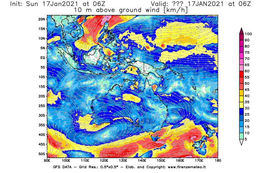 Mappa di analisi GFS - Velocità del vento a 10 metri dal suolo [km/h] in Oceania
							del 17/01/2021 06 <!--googleoff: index-->UTC<!--googleon: index-->
