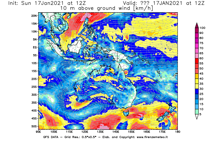 Mappa di analisi GFS - Velocità del vento a 10 metri dal suolo [km/h] in Oceania
							del 17/01/2021 12 <!--googleoff: index-->UTC<!--googleon: index-->