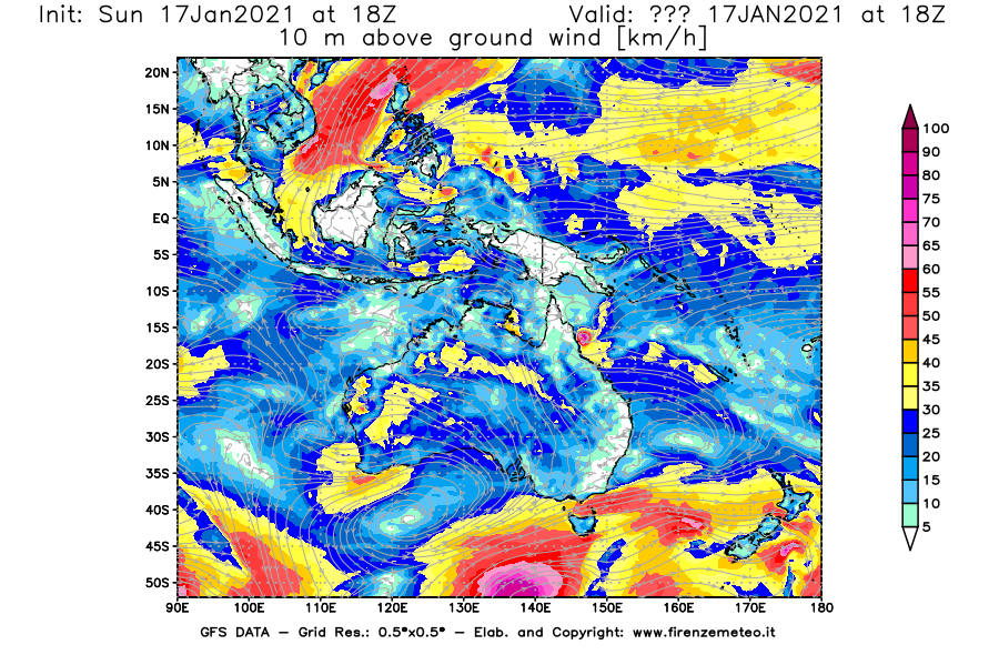 Mappa di analisi GFS - Velocità del vento a 10 metri dal suolo [km/h] in Oceania
							del 17/01/2021 18 <!--googleoff: index-->UTC<!--googleon: index-->