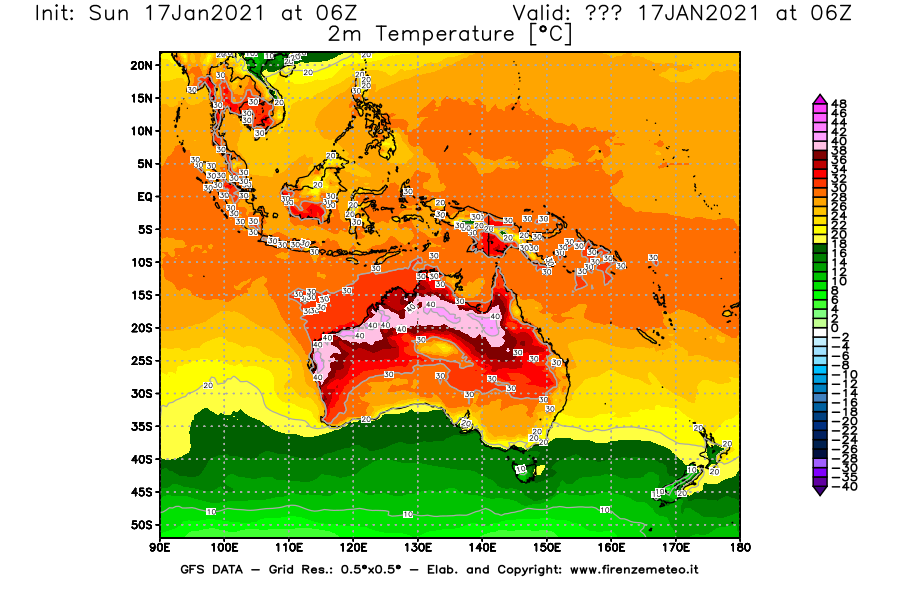 Mappa di analisi GFS - Temperatura a 2 metri dal suolo [°C] in Oceania
							del 17/01/2021 06 <!--googleoff: index-->UTC<!--googleon: index-->