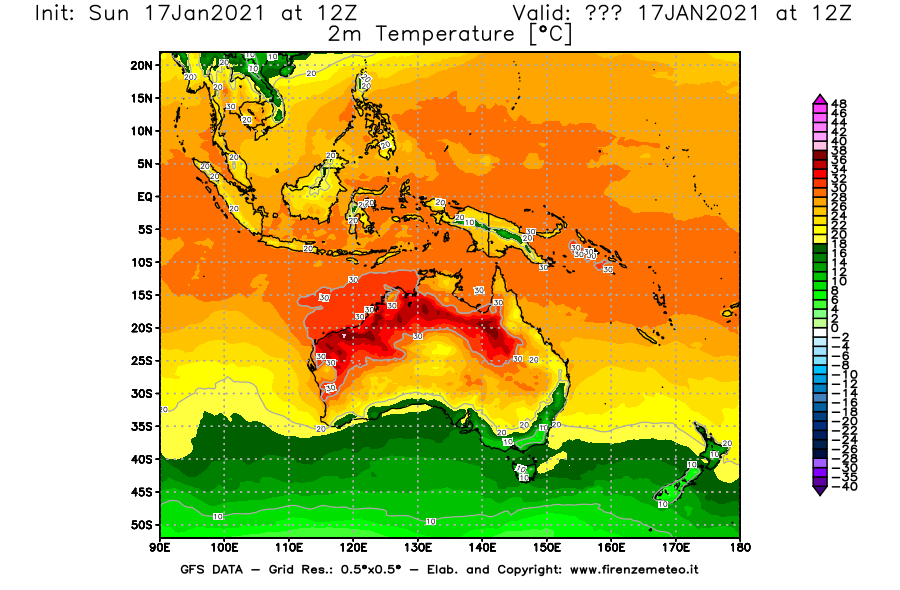 Mappa di analisi GFS - Temperatura a 2 metri dal suolo [°C] in Oceania
							del 17/01/2021 12 <!--googleoff: index-->UTC<!--googleon: index-->