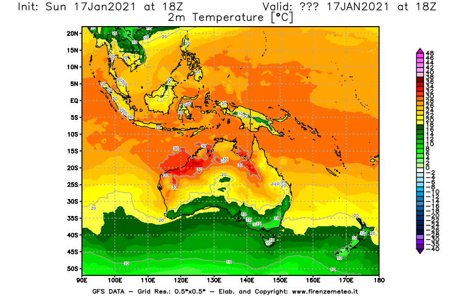 Mappa di analisi GFS - Temperatura a 2 metri dal suolo [°C] in Oceania
							del 17/01/2021 18 <!--googleoff: index-->UTC<!--googleon: index-->