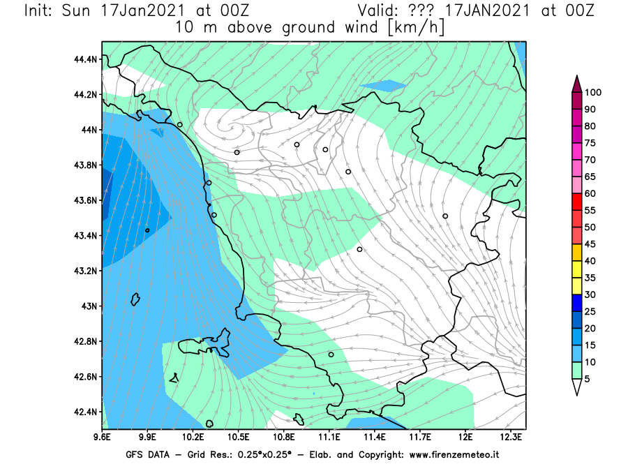 Mappa di analisi GFS - Velocità del vento a 10 metri dal suolo [km/h] in Toscana
							del 17/01/2021 00 <!--googleoff: index-->UTC<!--googleon: index-->