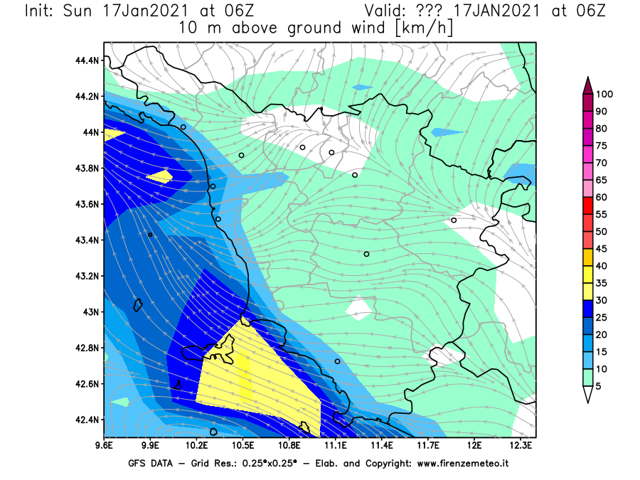 Mappa di analisi GFS - Velocità del vento a 10 metri dal suolo [km/h] in Toscana
							del 17/01/2021 06 <!--googleoff: index-->UTC<!--googleon: index-->