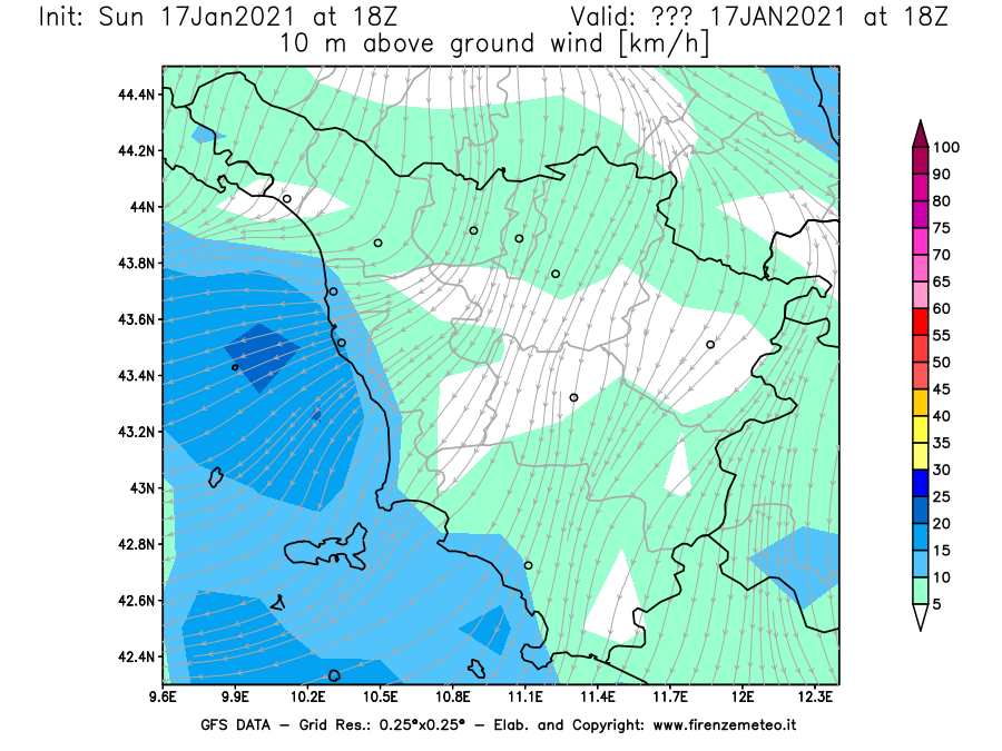 Mappa di analisi GFS - Velocità del vento a 10 metri dal suolo [km/h] in Toscana
							del 17/01/2021 18 <!--googleoff: index-->UTC<!--googleon: index-->