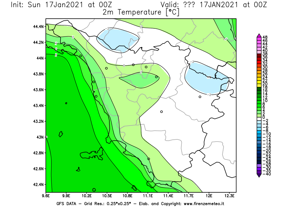 Mappa di analisi GFS - Temperatura a 2 metri dal suolo [°C] in Toscana
							del 17/01/2021 00 <!--googleoff: index-->UTC<!--googleon: index-->