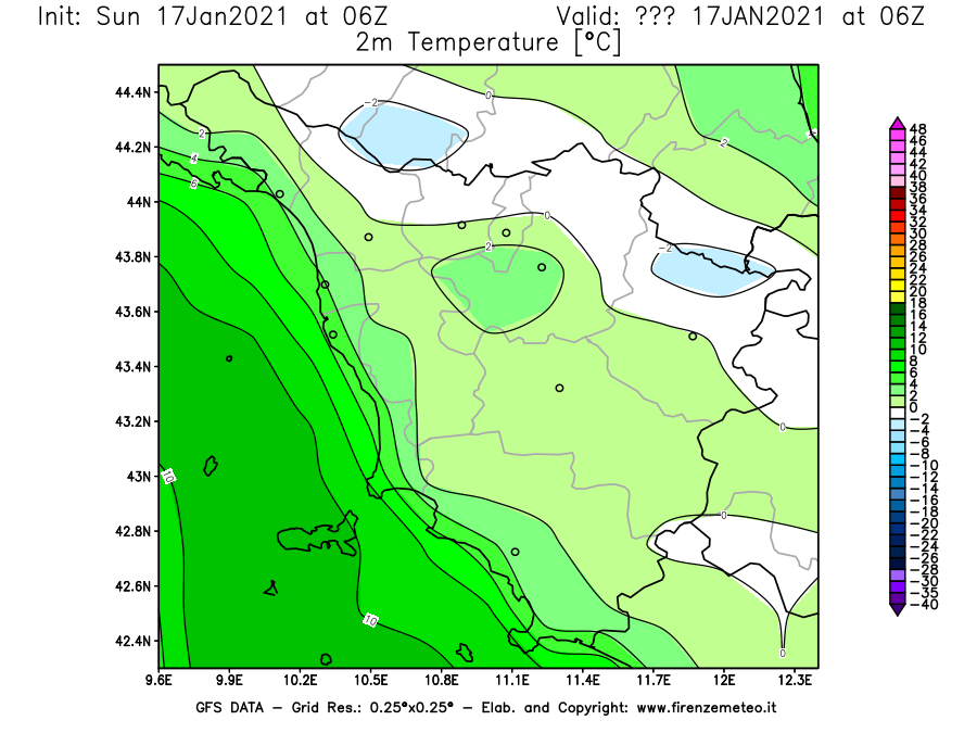 Mappa di analisi GFS - Temperatura a 2 metri dal suolo [°C] in Toscana
							del 17/01/2021 06 <!--googleoff: index-->UTC<!--googleon: index-->