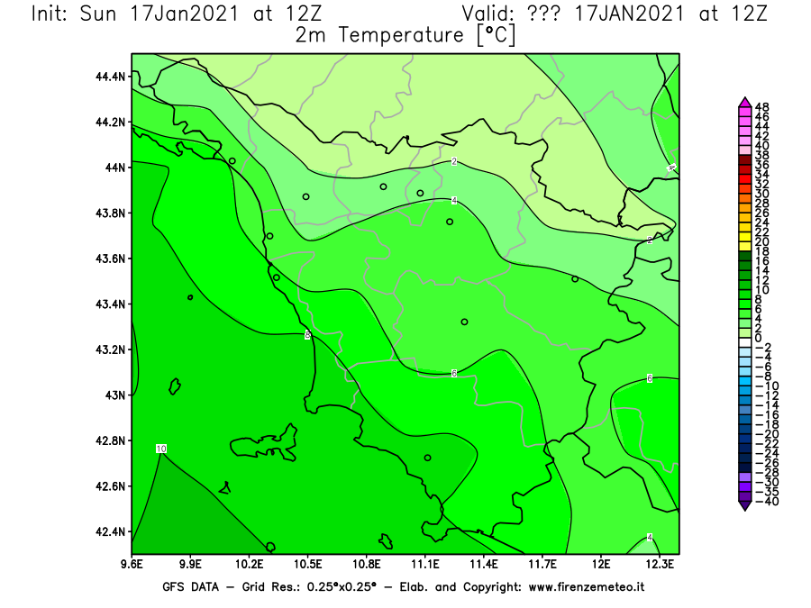 Mappa di analisi GFS - Temperatura a 2 metri dal suolo [°C] in Toscana
							del 17/01/2021 12 <!--googleoff: index-->UTC<!--googleon: index-->