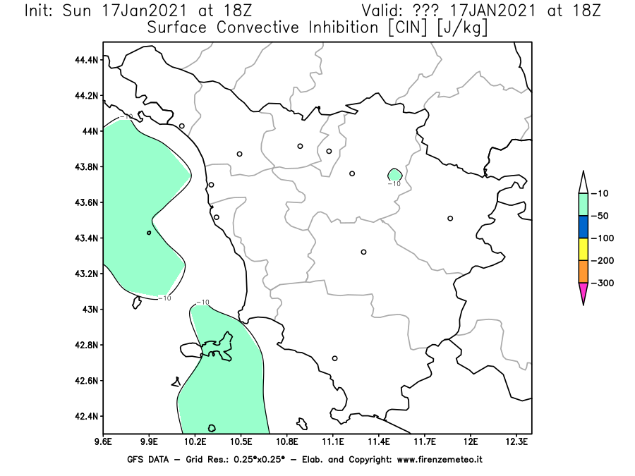 Mappa di analisi GFS - CIN [J/kg] in Toscana
							del 17/01/2021 18 <!--googleoff: index-->UTC<!--googleon: index-->