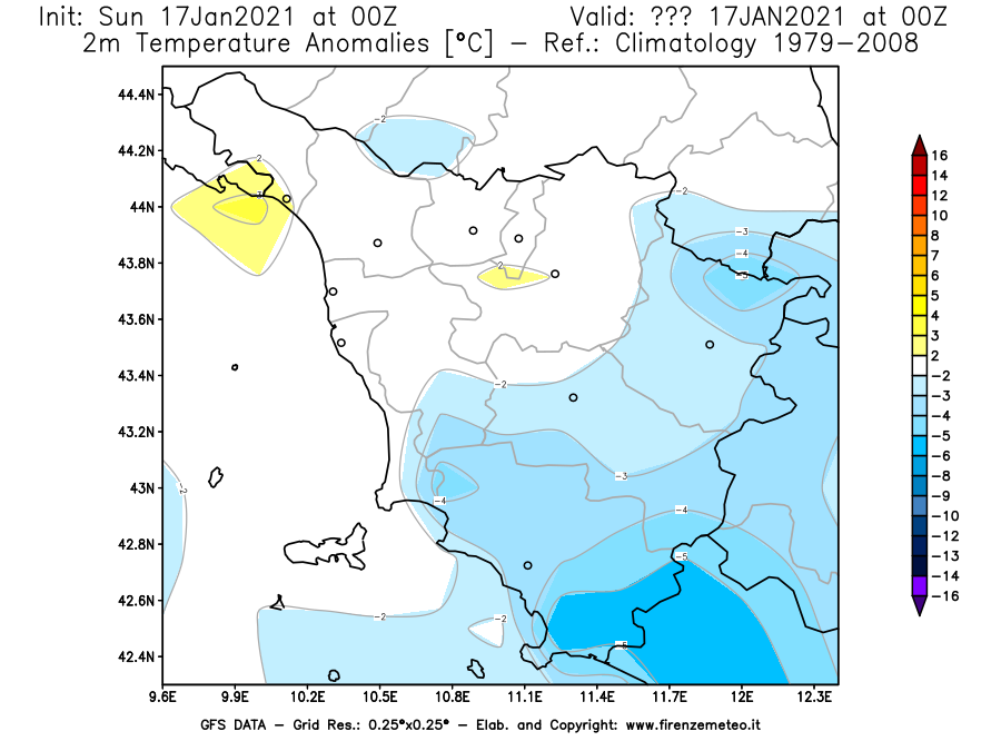 Mappa di analisi GFS - Anomalia Temperatura [°C] a 2 m in Toscana
							del 17/01/2021 00 <!--googleoff: index-->UTC<!--googleon: index-->