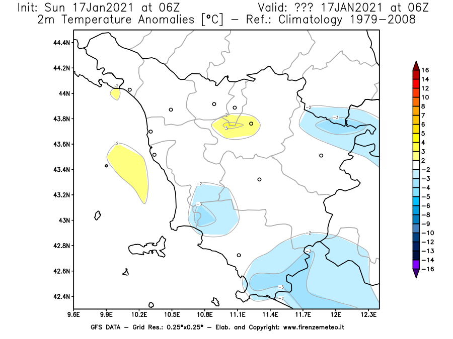 Mappa di analisi GFS - Anomalia Temperatura [°C] a 2 m in Toscana
							del 17/01/2021 06 <!--googleoff: index-->UTC<!--googleon: index-->