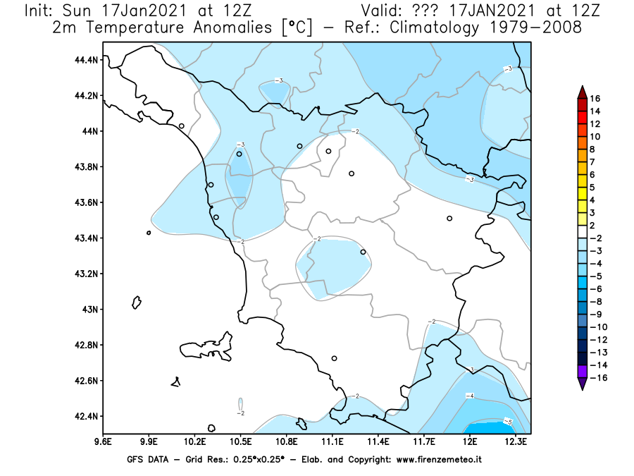 Mappa di analisi GFS - Anomalia Temperatura [°C] a 2 m in Toscana
							del 17/01/2021 12 <!--googleoff: index-->UTC<!--googleon: index-->