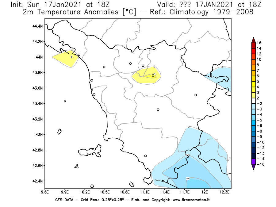 Mappa di analisi GFS - Anomalia Temperatura [°C] a 2 m in Toscana
							del 17/01/2021 18 <!--googleoff: index-->UTC<!--googleon: index-->