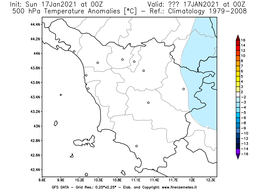 Mappa di analisi GFS - Anomalia Temperatura [°C] a 500 hPa in Toscana
							del 17/01/2021 00 <!--googleoff: index-->UTC<!--googleon: index-->