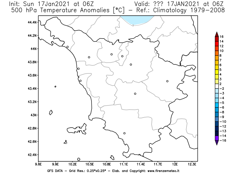 Mappa di analisi GFS - Anomalia Temperatura [°C] a 500 hPa in Toscana
							del 17/01/2021 06 <!--googleoff: index-->UTC<!--googleon: index-->