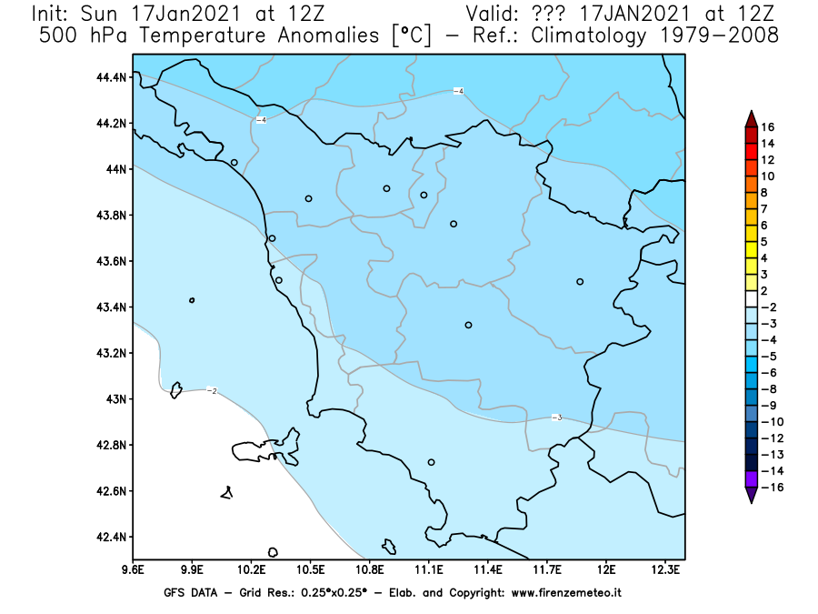 Mappa di analisi GFS - Anomalia Temperatura [°C] a 500 hPa in Toscana
							del 17/01/2021 12 <!--googleoff: index-->UTC<!--googleon: index-->