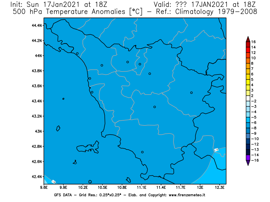 Mappa di analisi GFS - Anomalia Temperatura [°C] a 500 hPa in Toscana
							del 17/01/2021 18 <!--googleoff: index-->UTC<!--googleon: index-->