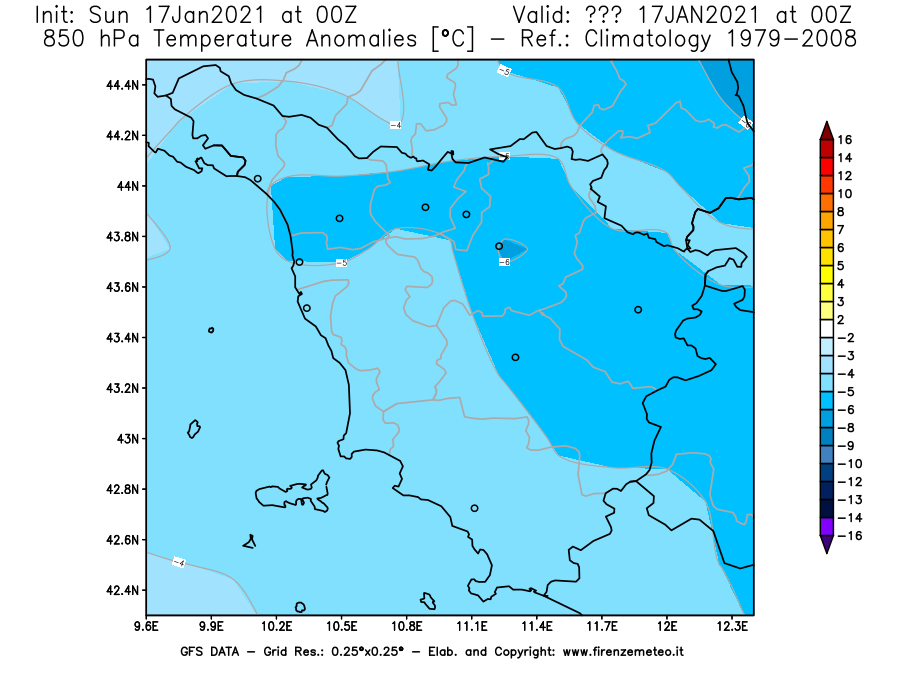 Mappa di analisi GFS - Anomalia Temperatura [°C] a 850 hPa in Toscana
							del 17/01/2021 00 <!--googleoff: index-->UTC<!--googleon: index-->