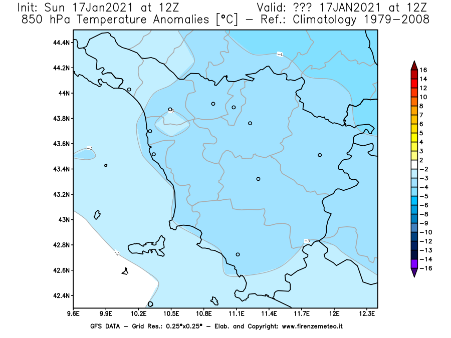 Mappa di analisi GFS - Anomalia Temperatura [°C] a 850 hPa in Toscana
							del 17/01/2021 12 <!--googleoff: index-->UTC<!--googleon: index-->