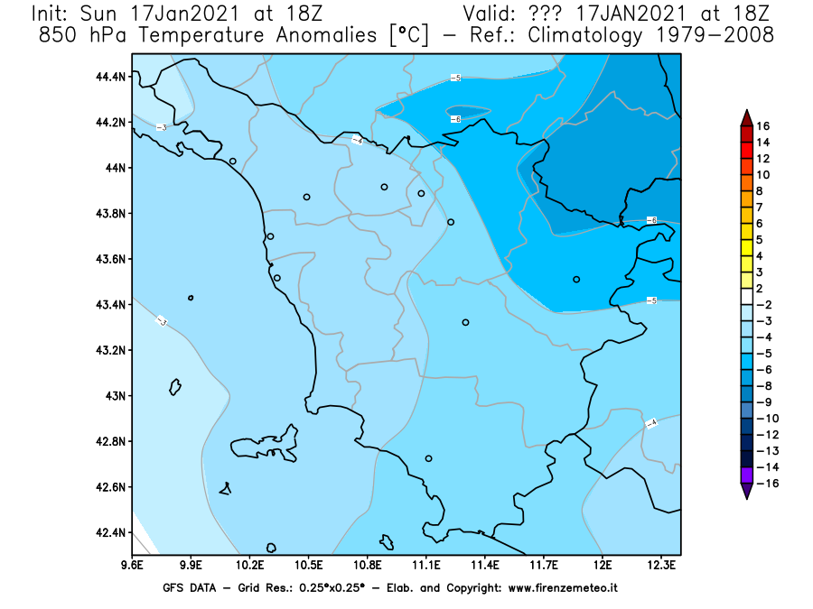 Mappa di analisi GFS - Anomalia Temperatura [°C] a 850 hPa in Toscana
							del 17/01/2021 18 <!--googleoff: index-->UTC<!--googleon: index-->