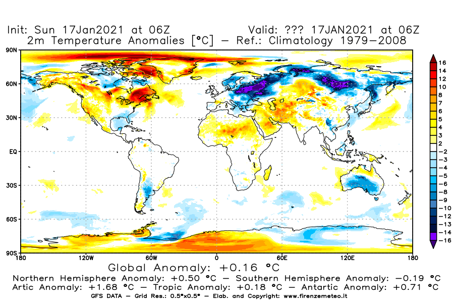 Mappa di analisi GFS - Anomalia Temperatura [°C] a 2 m in World
							del 17/01/2021 06 <!--googleoff: index-->UTC<!--googleon: index-->