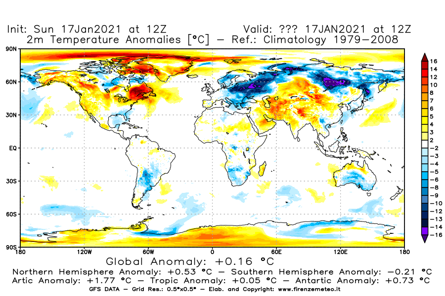 Mappa di analisi GFS - Anomalia Temperatura [°C] a 2 m in World
							del 17/01/2021 12 <!--googleoff: index-->UTC<!--googleon: index-->