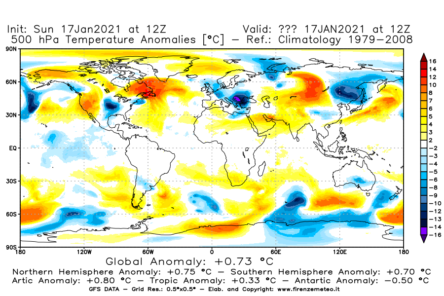 Mappa di analisi GFS - Anomalia Temperatura [°C] a 500 hPa in World
							del 17/01/2021 12 <!--googleoff: index-->UTC<!--googleon: index-->
