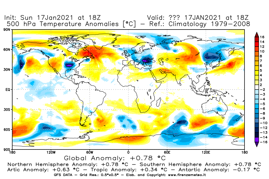 Mappa di analisi GFS - Anomalia Temperatura [°C] a 500 hPa in World
							del 17/01/2021 18 <!--googleoff: index-->UTC<!--googleon: index-->