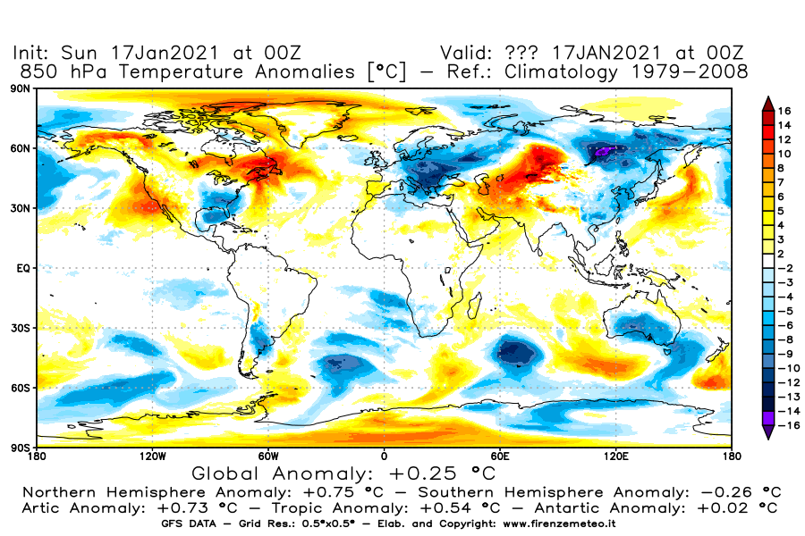 Mappa di analisi GFS - Anomalia Temperatura [°C] a 850 hPa in World
							del 17/01/2021 00 <!--googleoff: index-->UTC<!--googleon: index-->