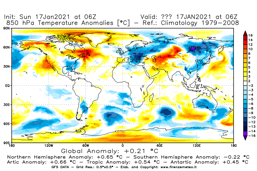 Mappa di analisi GFS - Anomalia Temperatura [°C] a 850 hPa in World
							del 17/01/2021 06 <!--googleoff: index-->UTC<!--googleon: index-->