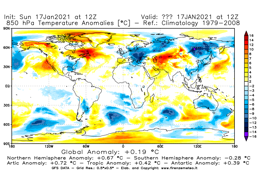 Mappa di analisi GFS - Anomalia Temperatura [°C] a 850 hPa in World
							del 17/01/2021 12 <!--googleoff: index-->UTC<!--googleon: index-->