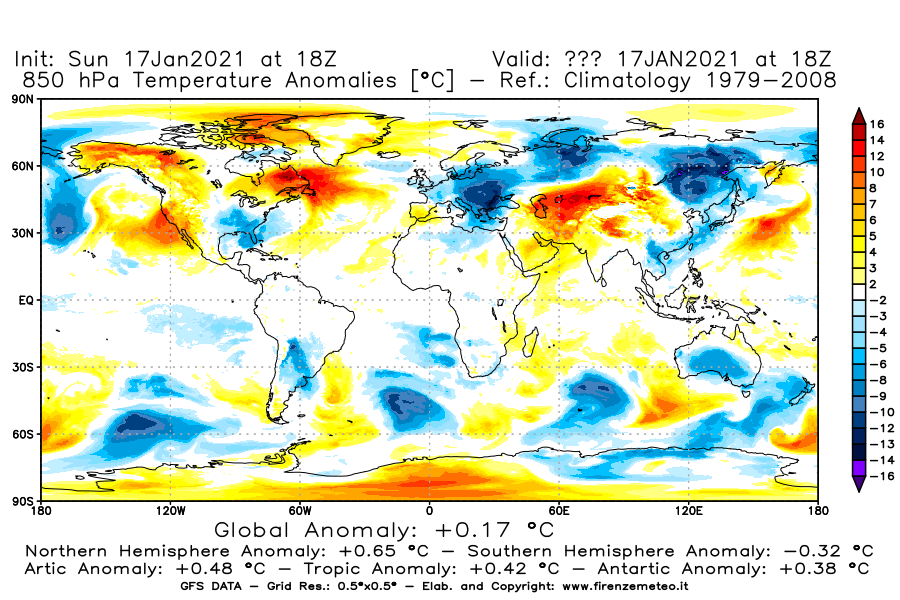 Mappa di analisi GFS - Anomalia Temperatura [°C] a 850 hPa in World
							del 17/01/2021 18 <!--googleoff: index-->UTC<!--googleon: index-->