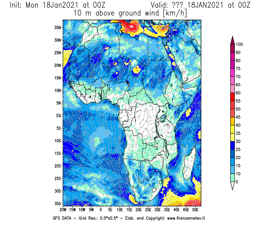 Mappa di analisi GFS - Velocità del vento a 10 metri dal suolo [km/h] in Africa
									del 18/01/2021 00 <!--googleoff: index-->UTC<!--googleon: index-->