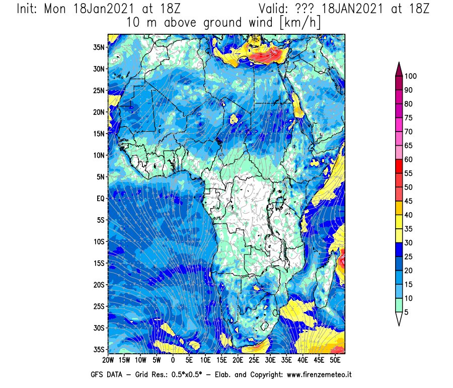 Mappa di analisi GFS - Velocità del vento a 10 metri dal suolo [km/h] in Africa
									del 18/01/2021 18 <!--googleoff: index-->UTC<!--googleon: index-->