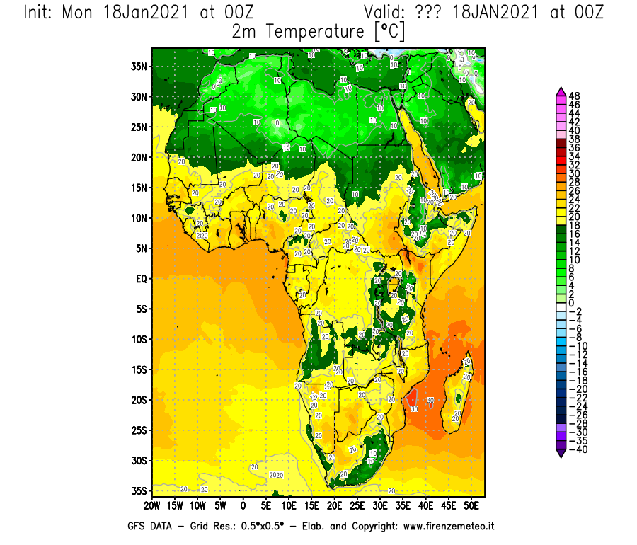 Mappa di analisi GFS - Temperatura a 2 metri dal suolo [°C] in Africa
									del 18/01/2021 00 <!--googleoff: index-->UTC<!--googleon: index-->