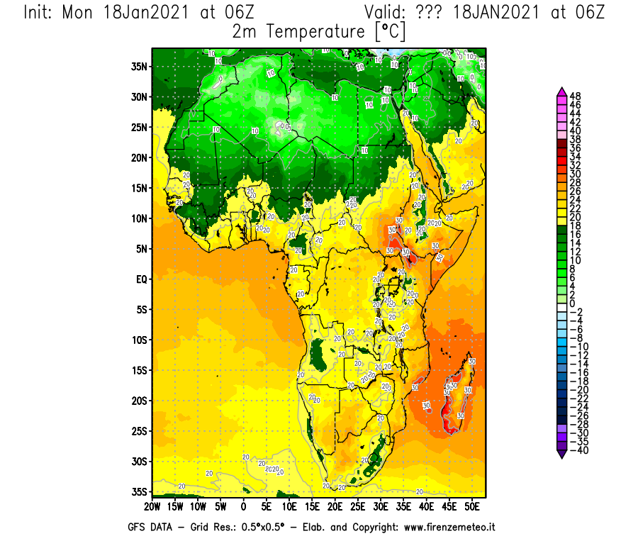 Mappa di analisi GFS - Temperatura a 2 metri dal suolo [°C] in Africa
									del 18/01/2021 06 <!--googleoff: index-->UTC<!--googleon: index-->