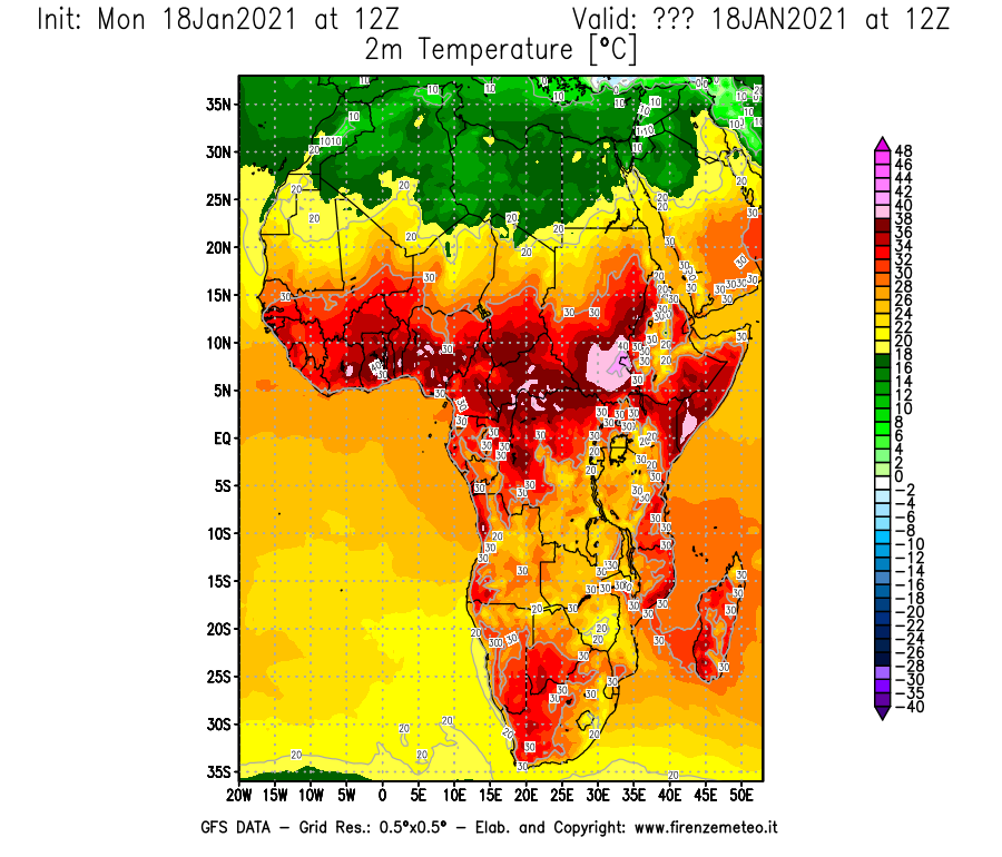 Mappa di analisi GFS - Temperatura a 2 metri dal suolo [°C] in Africa
									del 18/01/2021 12 <!--googleoff: index-->UTC<!--googleon: index-->