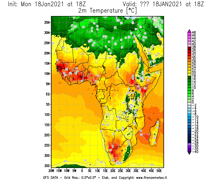 Mappa di analisi GFS - Temperatura a 2 metri dal suolo [°C] in Africa
									del 18/01/2021 18 <!--googleoff: index-->UTC<!--googleon: index-->