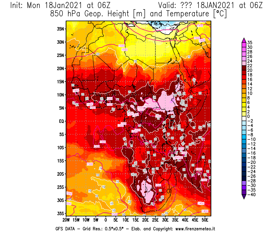 Mappa di analisi GFS - Geopotenziale [m] e Temperatura [°C] a 850 hPa in Africa
									del 18/01/2021 06 <!--googleoff: index-->UTC<!--googleon: index-->