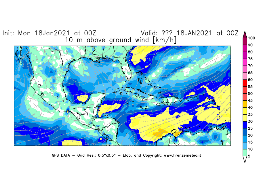 Mappa di analisi GFS - Velocità del vento a 10 metri dal suolo [km/h] in Centro-America
									del 18/01/2021 00 <!--googleoff: index-->UTC<!--googleon: index-->