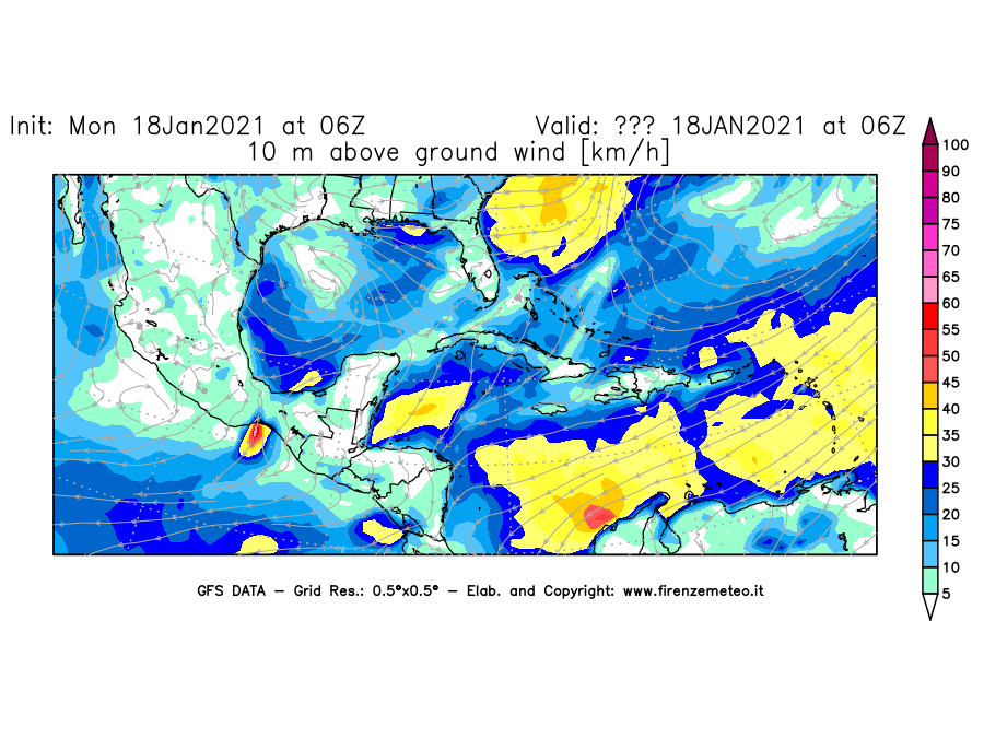 Mappa di analisi GFS - Velocità del vento a 10 metri dal suolo [km/h] in Centro-America
									del 18/01/2021 06 <!--googleoff: index-->UTC<!--googleon: index-->