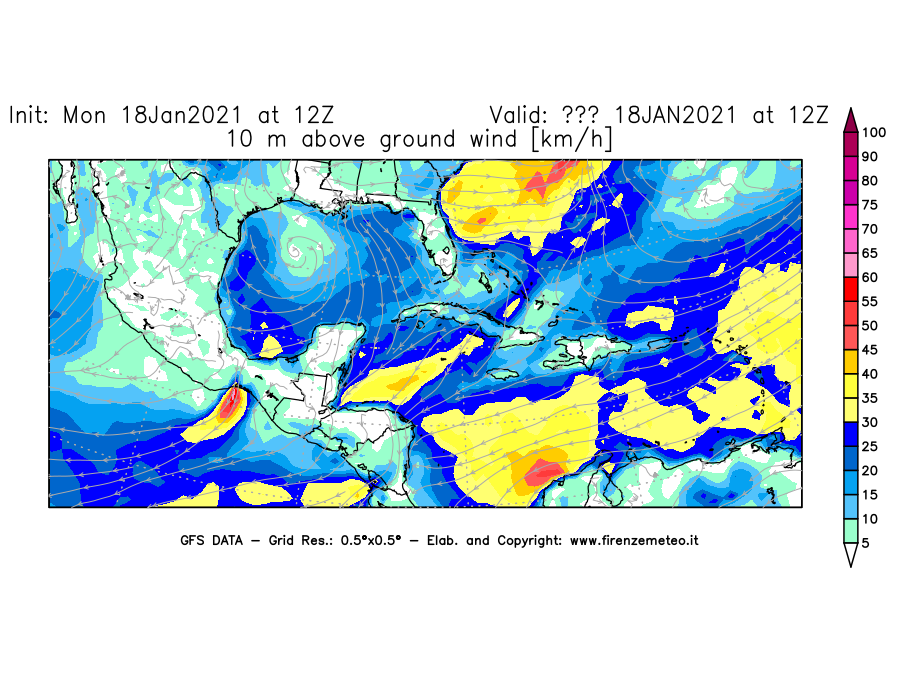 Mappa di analisi GFS - Velocità del vento a 10 metri dal suolo [km/h] in Centro-America
									del 18/01/2021 12 <!--googleoff: index-->UTC<!--googleon: index-->