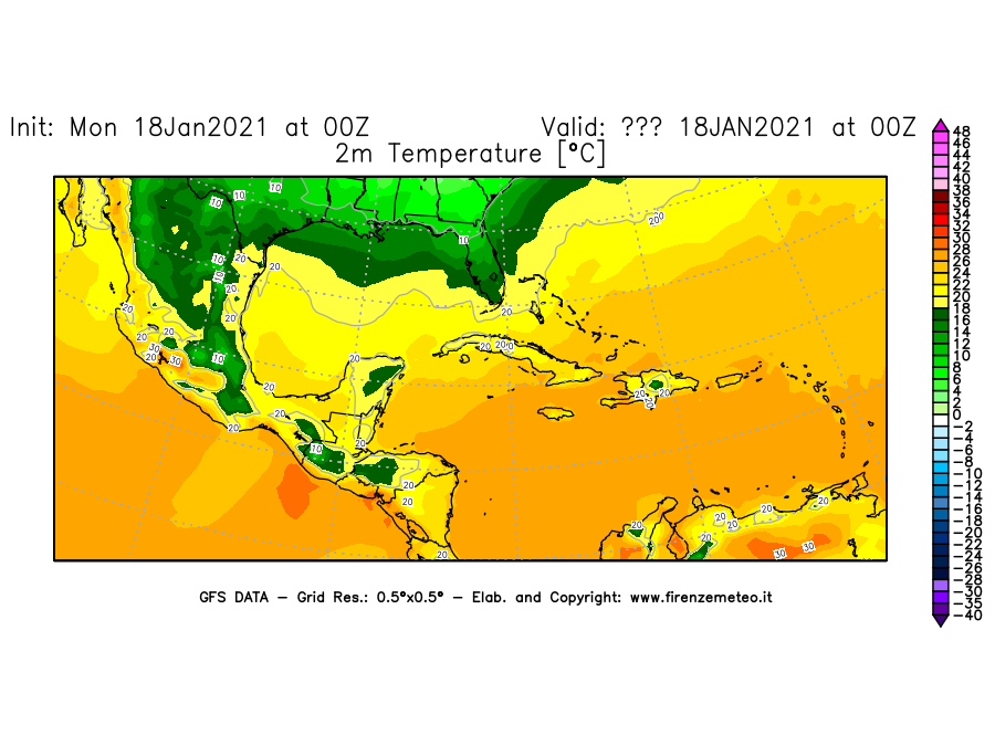Mappa di analisi GFS - Temperatura a 2 metri dal suolo [°C] in Centro-America
									del 18/01/2021 00 <!--googleoff: index-->UTC<!--googleon: index-->